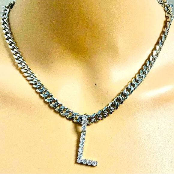 FASHION JEWELRY SILVER LETTER NECKLACE WOMEN STAINLESS STEEL RHINESTONE PENDANT - Picture 1 of 10